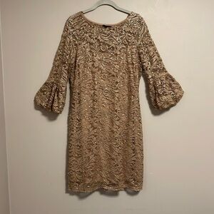 Lace Floral Semi Sheer Overlay Tan Sequin Midi Bubble Sleeve Dress Size 12